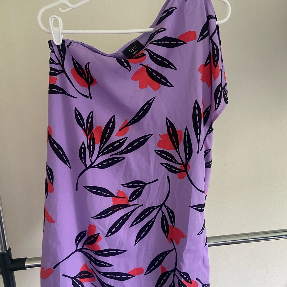 Vici Lavender One-Shoulder Dress with Red and Black Floral Design
